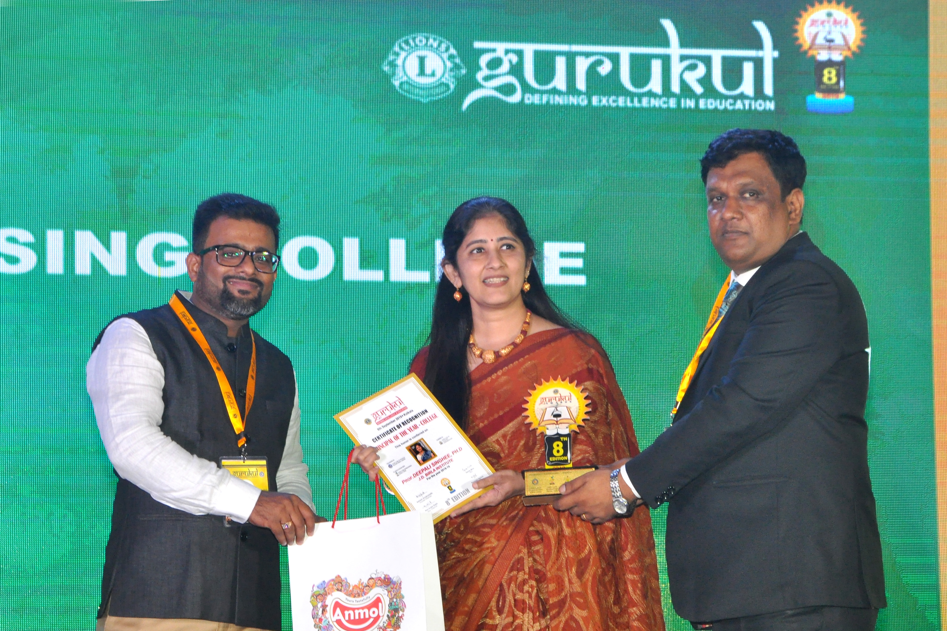 Gurukul Awards 2019 for Principal of the Year (College Category) from of Lions Club of Kolkata in 2019